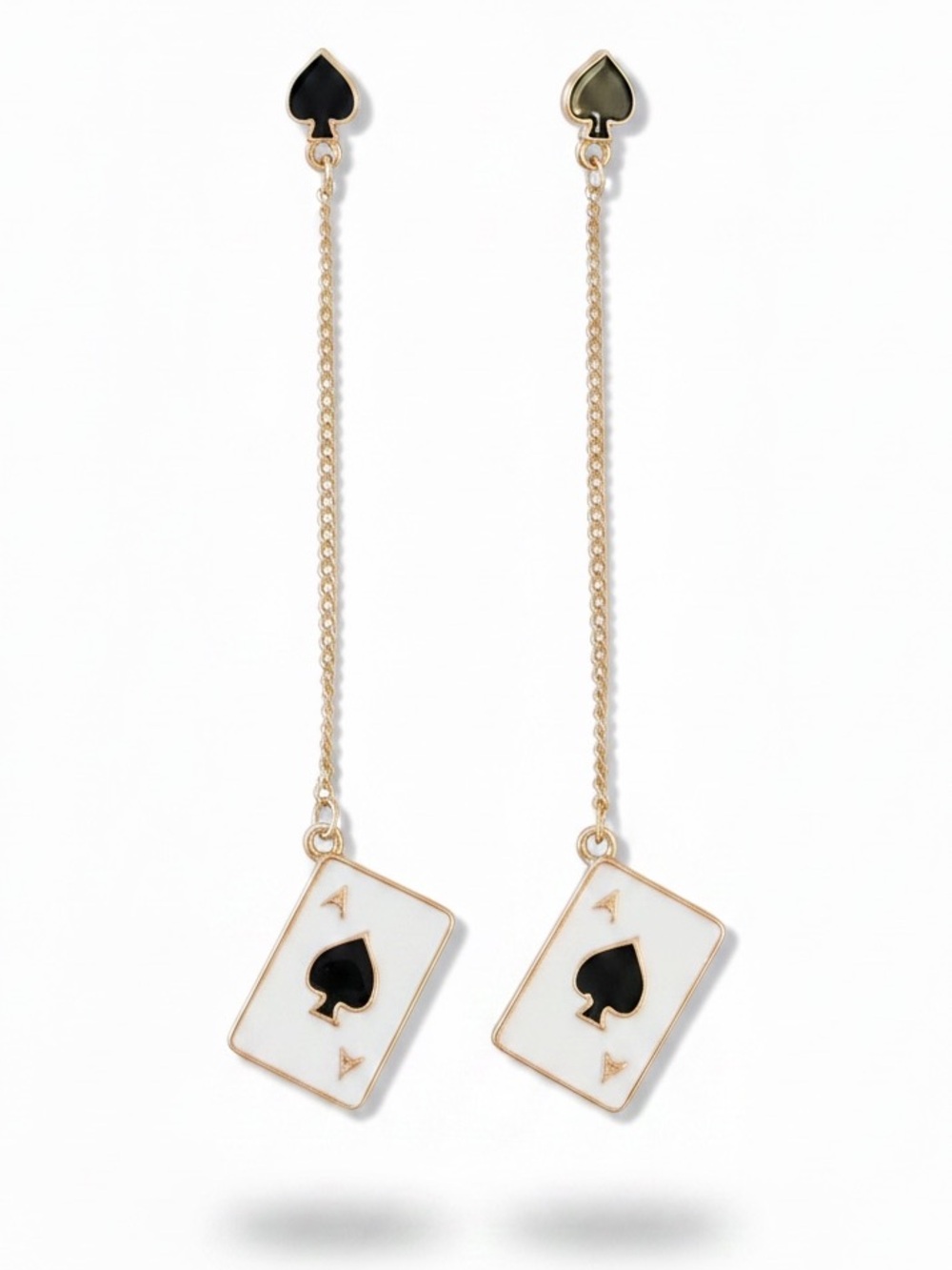 Black Ace Spades Enamel & Gold Chain Long Dangling Lightweight Vegas 3" Earrings